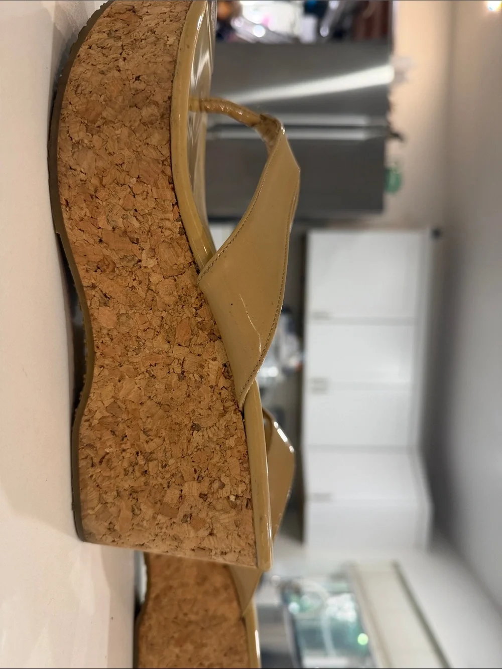 Jimmy Choo Nude Patent Cork Wedge Thongs